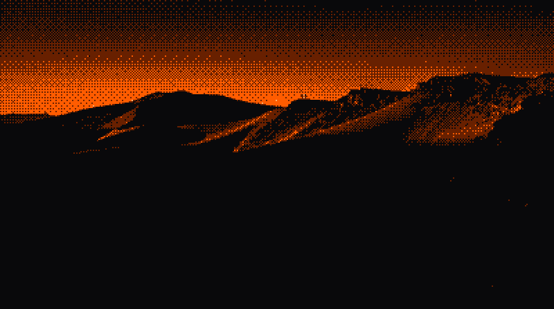 Dithered dune ridge at dusk, orange on black